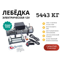 Лебедка электрическая 12V Electric Winch 12000lbs / 5443 кг IP66 стальной трос 9х17